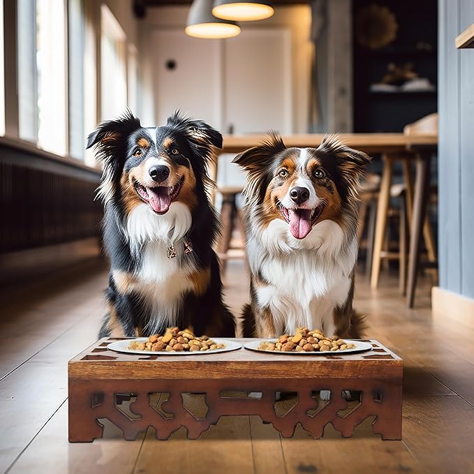 Bali Carved Adjustable Raised Pet Feeder β Handcrafted Wood Stand with Dual Stainless Steel Bowls