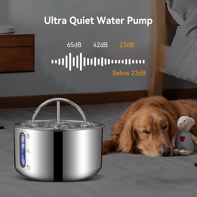 Stainless Steel Pet Water Fountain – 3.6L Automatic Pump – Quiet Filtered Drinking Fountain for Cats & Small Dogs – Hygienic & Dishwasher Safe