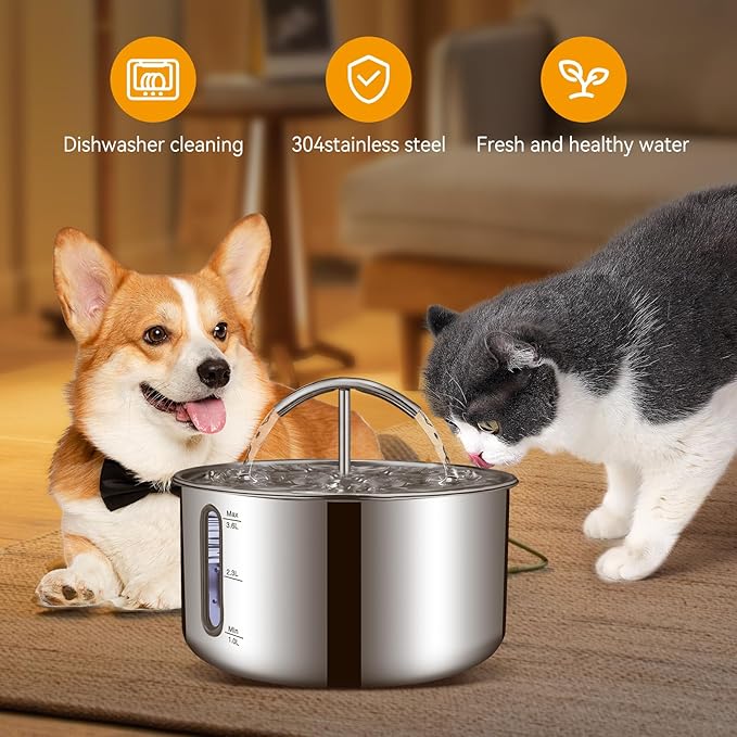 Stainless Steel Pet Water Fountain – 3.6L Automatic Pump – Quiet Filtered Drinking Fountain for Cats & Small Dogs – Hygienic & Dishwasher Safe