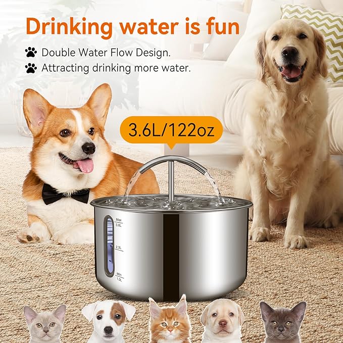 Stainless Steel Pet Water Fountain – 3.6L Automatic Pump – Quiet Filtered Drinking Fountain for Cats & Small Dogs – Hygienic & Dishwasher Safe