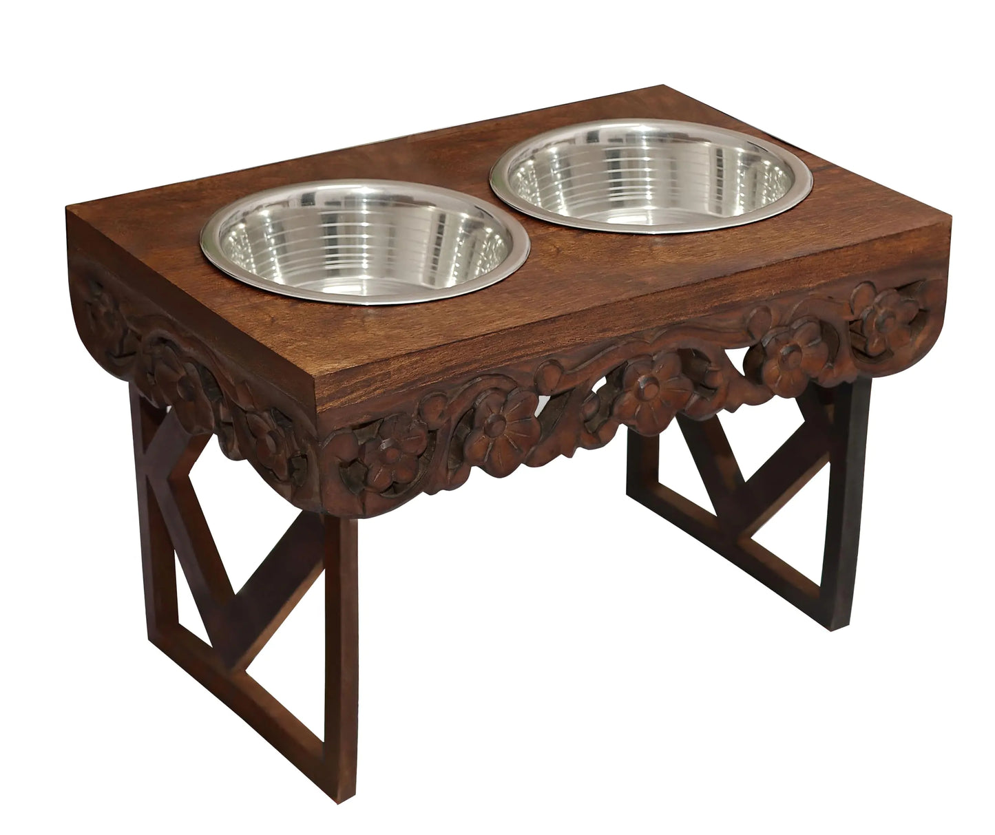 Bali Carved Adjustable Raised Pet Feeder – Handcrafted Wood Stand with Dual Stainless Steel Bowls