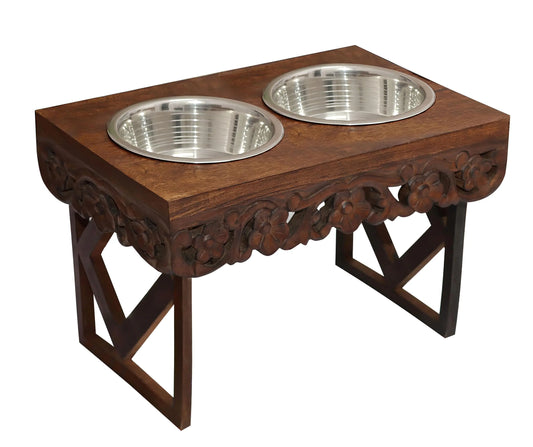Bali Carved Adjustable Raised Pet Feeder – Handcrafted Wood Stand with Dual Stainless Steel Bowls