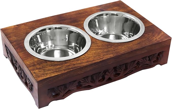 Bali Carved Adjustable Raised Pet Feeder – Handcrafted Wood Stand with Dual Stainless Steel Bowls
