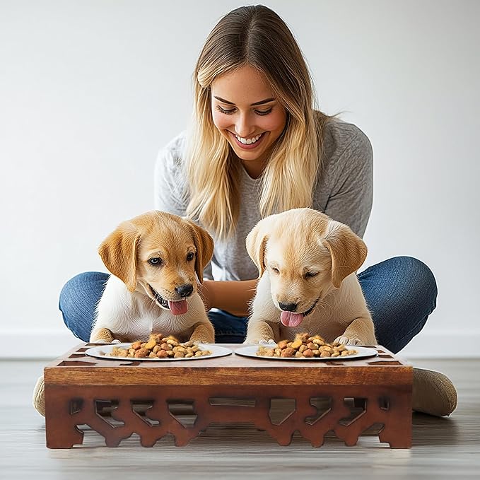 Bali Carved Adjustable Raised Pet Feeder – Handcrafted Wood Stand with Dual Stainless Steel Bowls