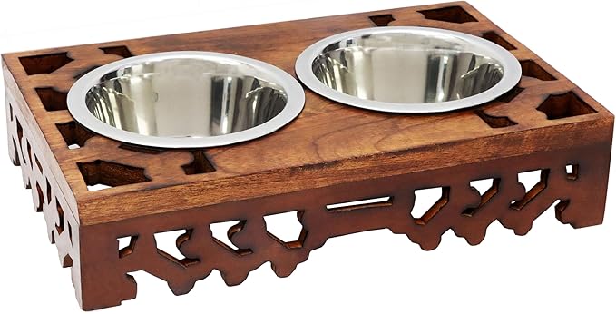 Bali Carved Adjustable Raised Pet Feeder – Handcrafted Wood Stand with Dual Stainless Steel Bowls