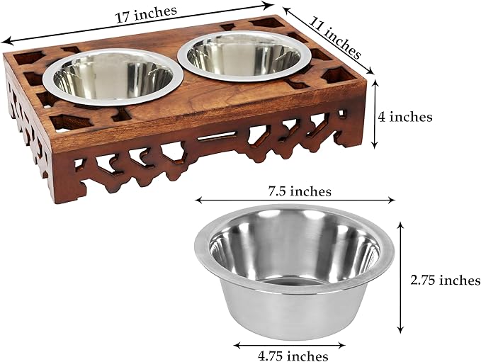 Bali Carved Adjustable Raised Pet Feeder – Handcrafted Wood Stand with Dual Stainless Steel Bowls