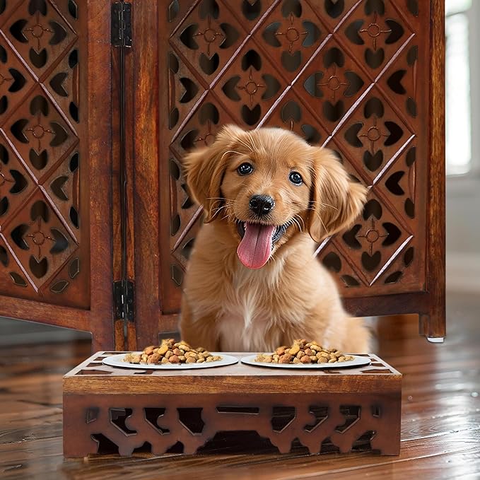 Bali Carved Adjustable Raised Pet Feeder – Handcrafted Wood Stand with Dual Stainless Steel Bowls