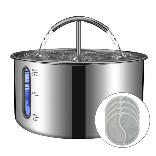 Stainless Steel Pet Water Fountain – 3.6L Automatic Pump – Quiet Filtered Drinking Fountain for Cats & Small Dogs – Hygienic & Dishwasher Safe